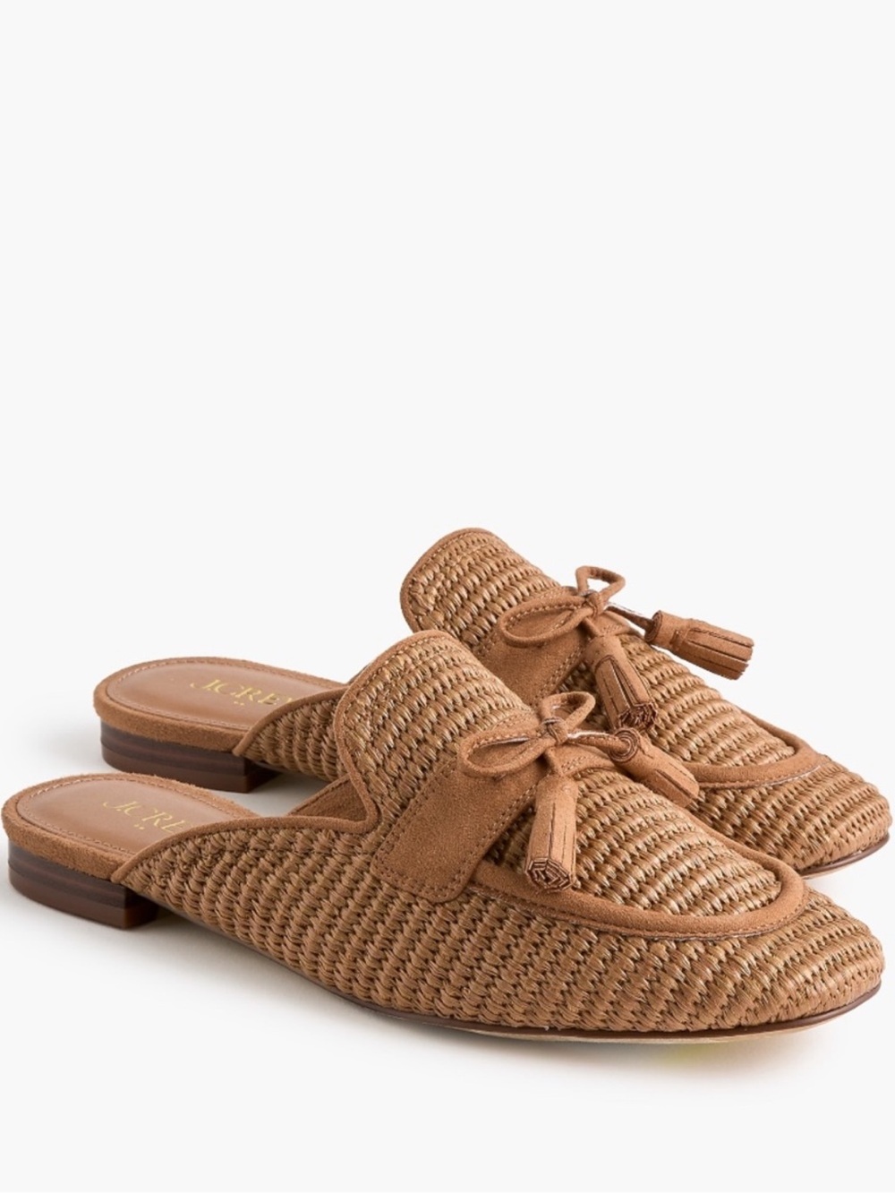 NEW J. Crew Chloe Faux Raffia Woven Tassel Mules tan cedar wood 7.5 CU330 $128